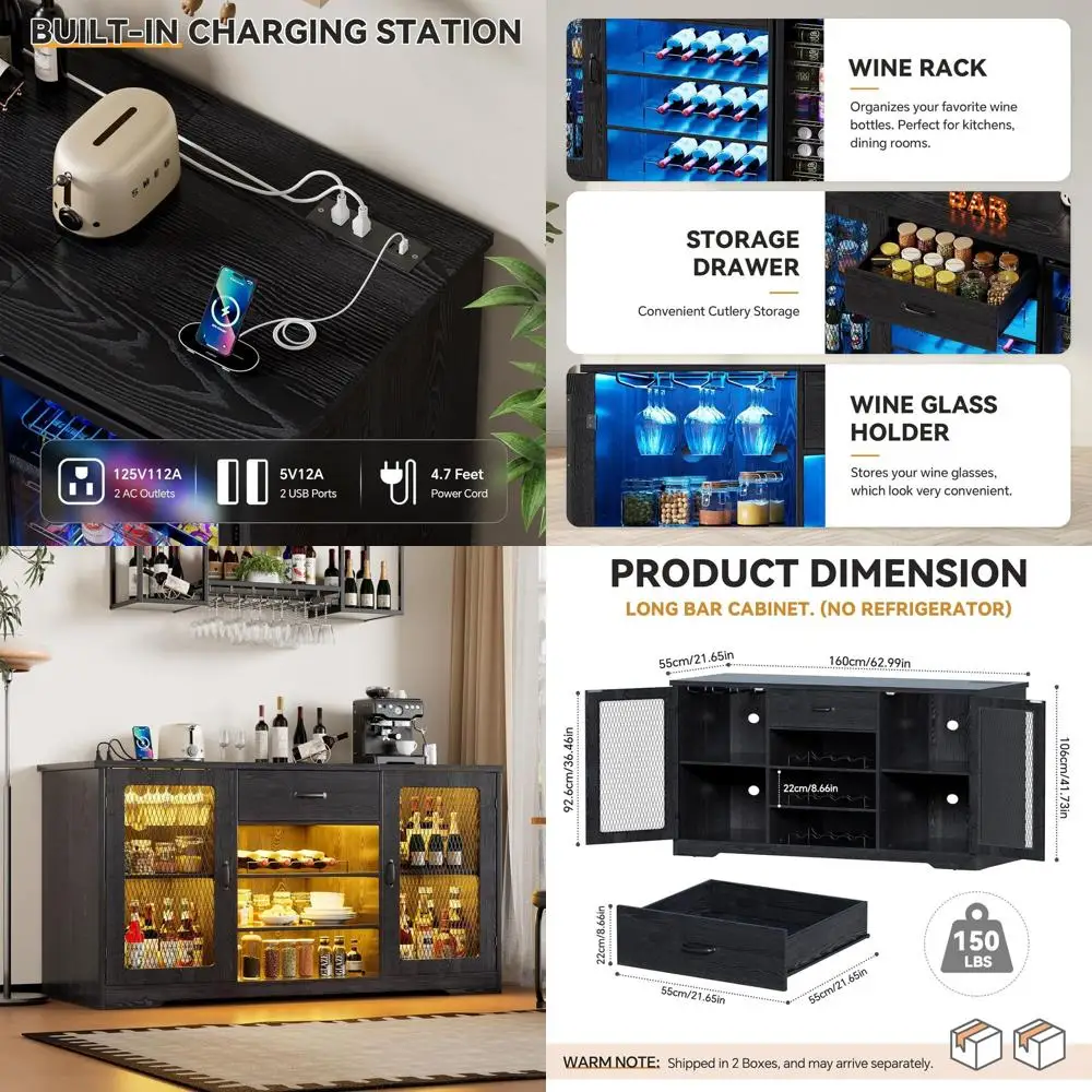 LED-beleuchteter Ridge Space Bar-Schrank mit Ladestation und Schubladenaufbewahrung in Schwarz