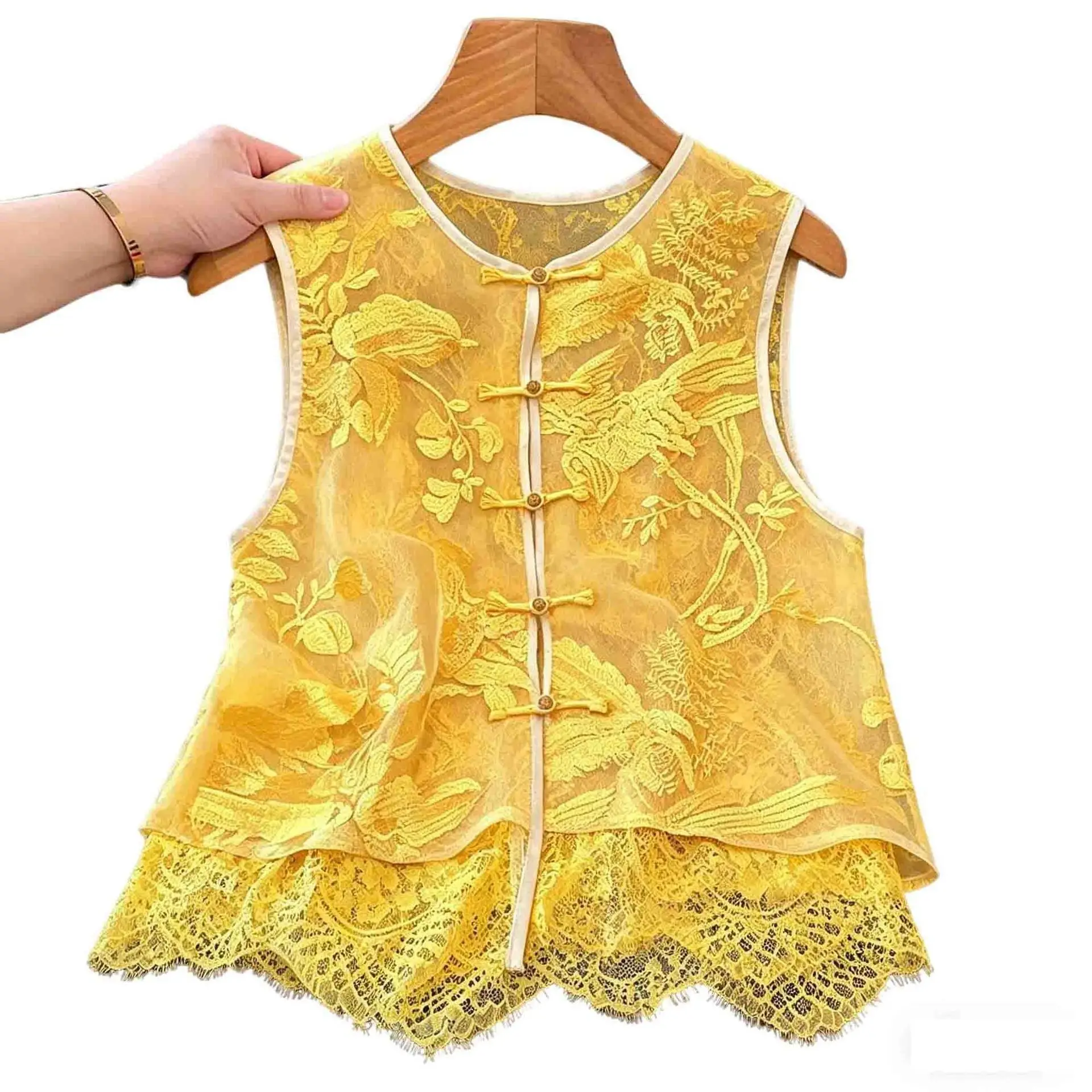 New Retro Organza Vest For Women 2026 Summer New Heavy Industry Embroidery Tangsuit Costume With Lace Trim Button Vest Top