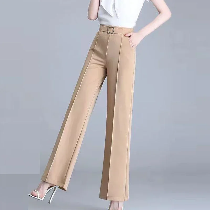 Eleganckie modne spodnie damskie z paskiem do biura 2025 Wiosna Lato Wysokie kieszenie w talii Wszystkie dopasowane spodnie z szerokimi nogawkami 4XL