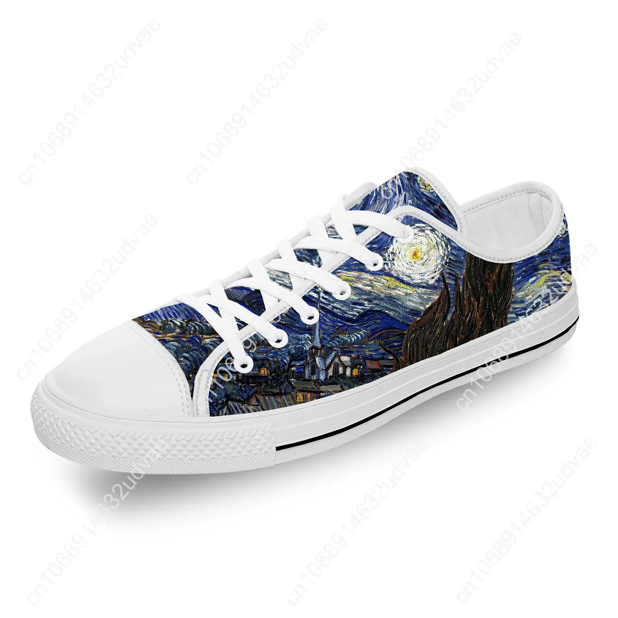 Van Gogh Oil Painting Aesthetic Starry Night White 3D Print Low Top Canvas Shoes Men Women Lightweight Breathable Sneakers