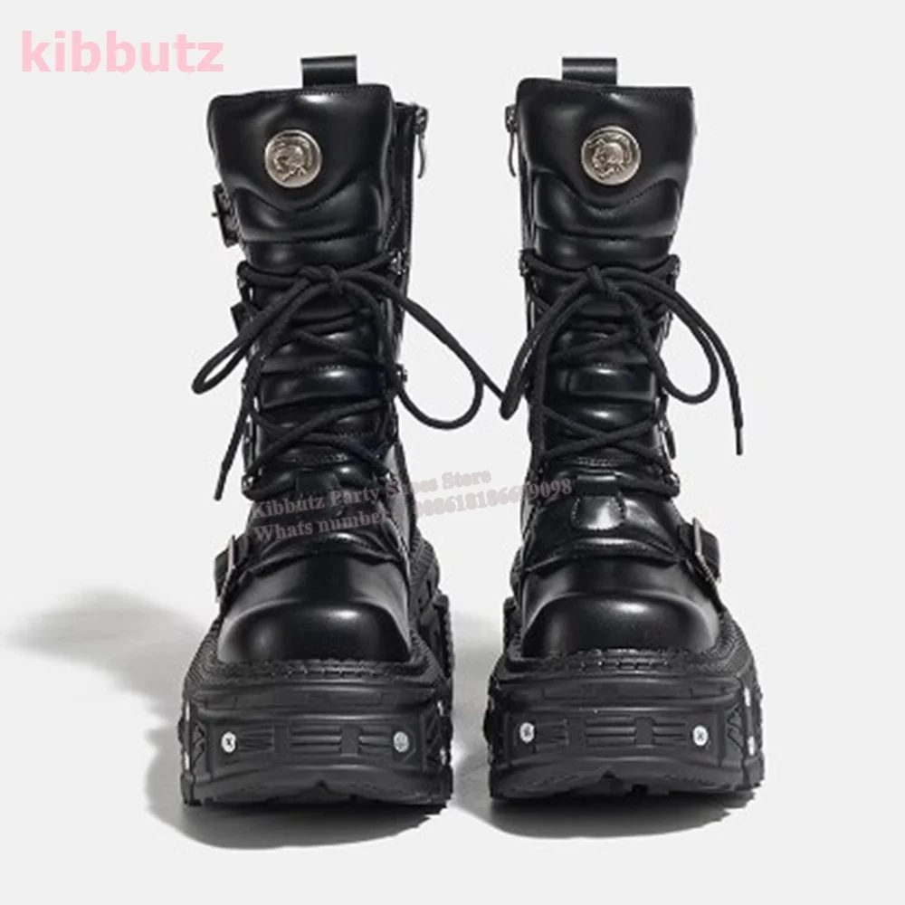 Botas de cano médio escuro rock punk metal fundo grosso fivela de cinto dedo do pé redondo aumento de altura rendas zíper moda sapatos femininos mais novos