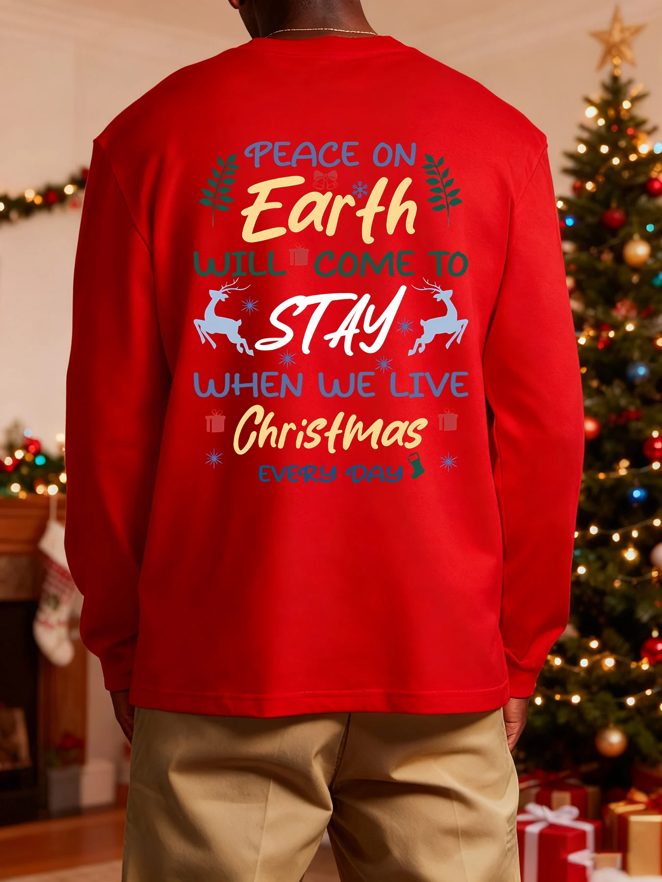 

Men's long-sleeved T-shirt Christmas theme Peaceful Earth Festival Reindeer Snowflake Daily wear for holiday parties