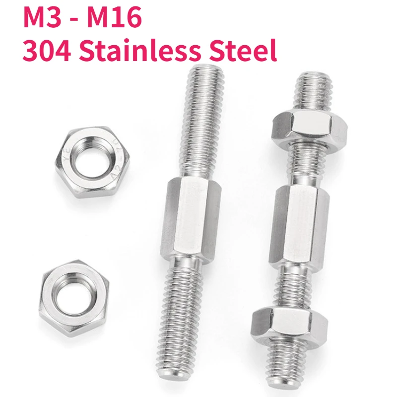 M3 - M16 304 Stainless Steel Left and Right Thread Dual Head Bolts Double Ends Thread Rod Sticks Srews with Hexagon Nut Set