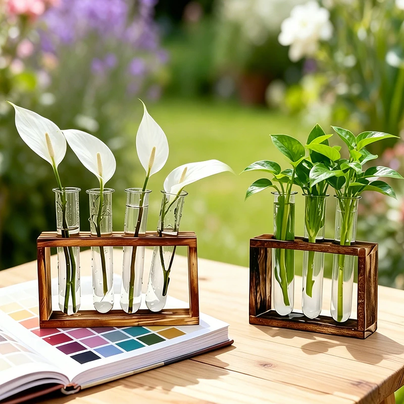 2026 New Charming Wooden Frame Test Tube Vase Elegant Hydroponic Flower Holder for Home Office Tabletop Wall Art Display