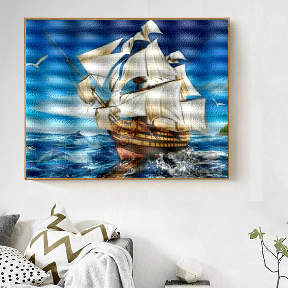 AB Diamond Painting Colorful Kit Landscape Mosaic Sea Ferry 5D DIY Embroidery Sailboat Wall Stickers Home Decor