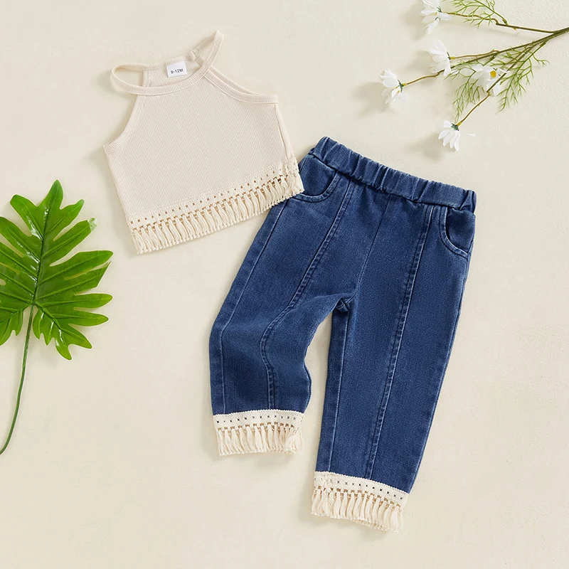 1-4 Years Toddler Girl Summer Clothes Tassel Crop Tank Tops Elastic Waist Denim Pants 2Pcs Outfit