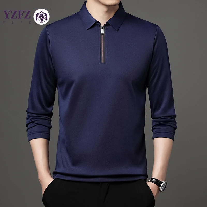 Solid Color Long Sleeve Polo Shirt Fashion Zipper Men\'s Polo Neck Top Cotton Polo Collar Long Sleeve T-shirt