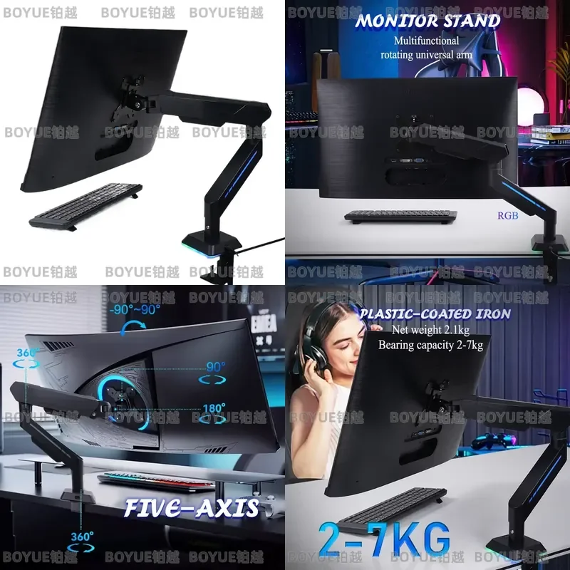 RGB LED Pneumatic Monitor Arm Single Desk Mount Clamp 17 to 32 Inch VESA 100x100 Adjustable Gaming Screen Holder Stand