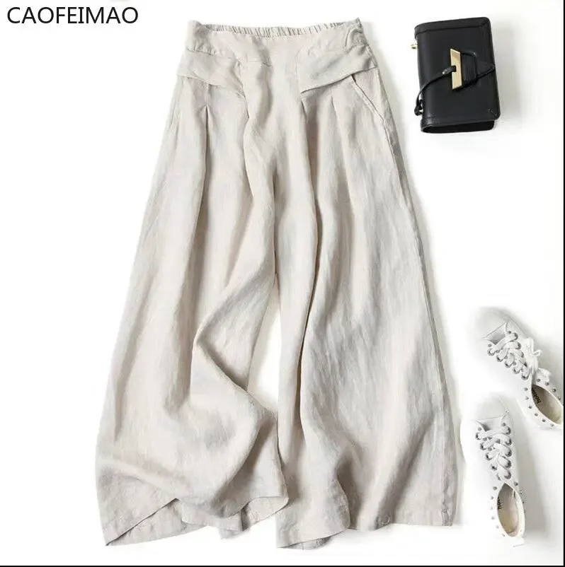 

2025 Spring Summer Women's Cotton Linen Wide Leg Pants Loose Elastic High Waist Thin Ladies Skirt Pants Capris Flared Trousers