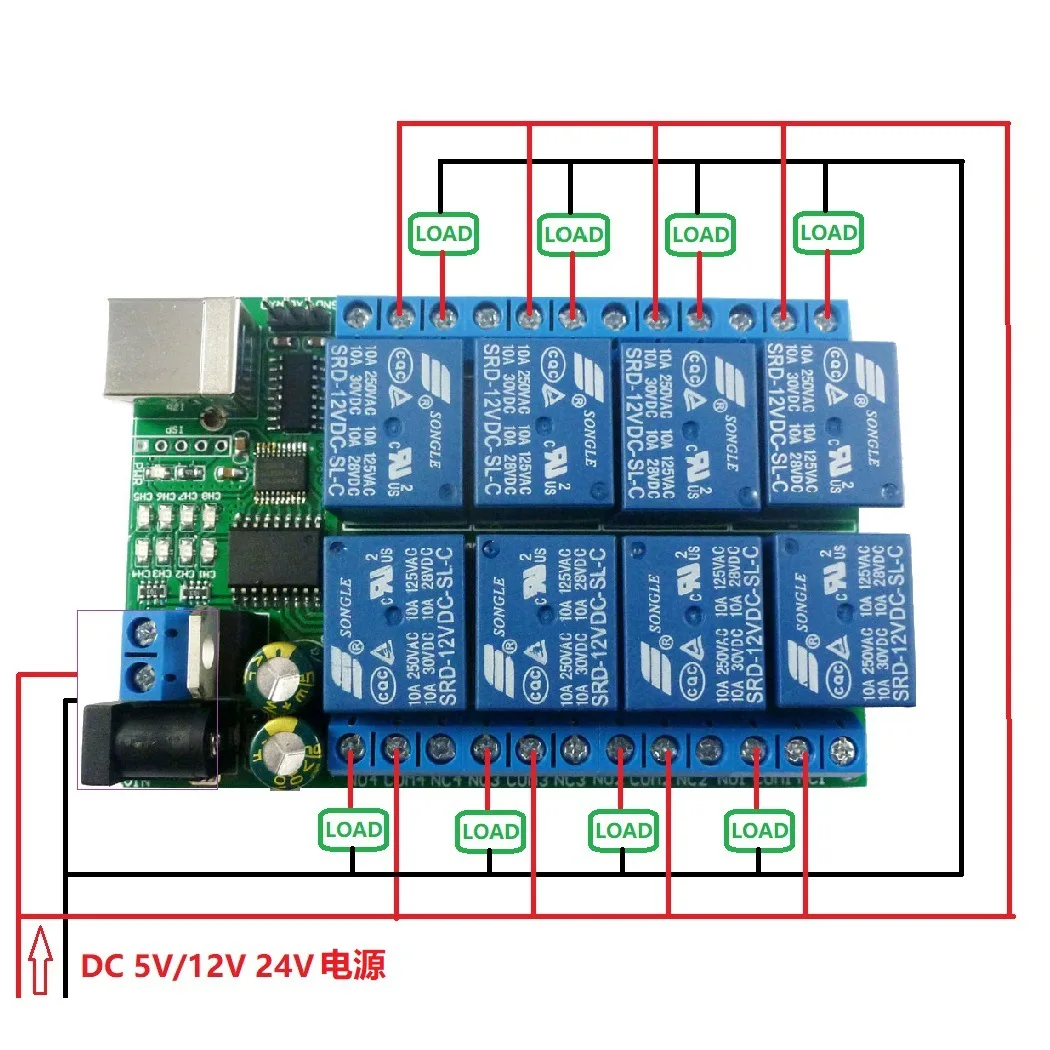 New 2 In 1 DC5V12V24V 8CH USB Serial Port Relay Module UART RS232 TTL Multifunction Switch Board CH340 for Motor LED PTZ PLC IPC