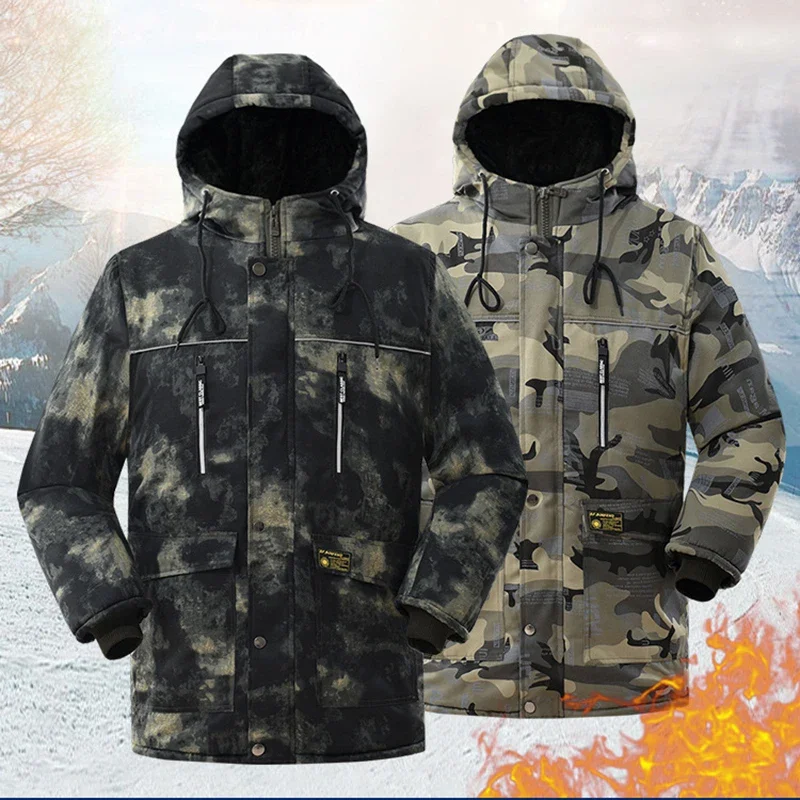 Large Size Male Outdoor Waterproof Cotton Coat Winter Mens Long Fleece Jacket High-quality Wool Thicken Warm Camouflage Parka