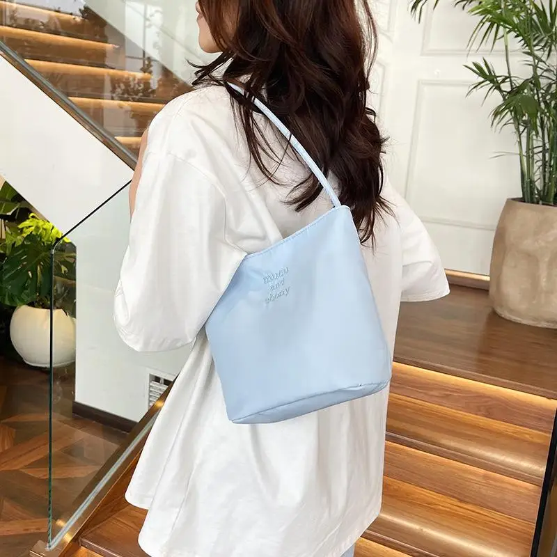 Korean Style Letter Underarm Bag Tote Bag Handbag Embroidery Shoulder Bag Pure Color Large Capacity Nylon Bucket Bag Women 1PC