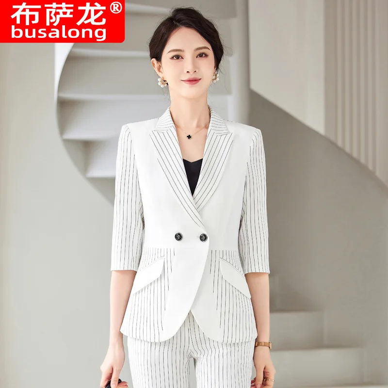 

High-End Striped Suit Women2024Spring and Summer New Intellectual Temperament Goddess Style 3/4 Sleeve Suit Overalls