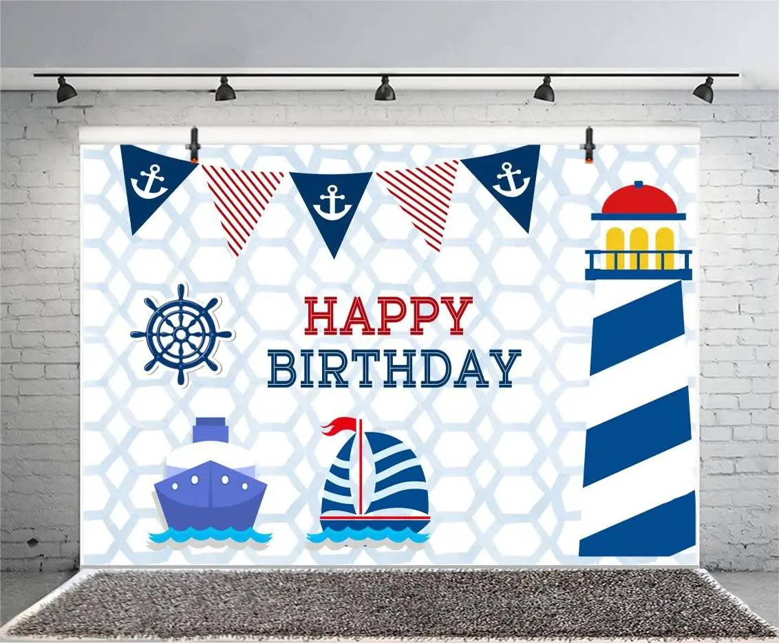 

Happy Birthday Nautical Theme Party Decoration Background Rudder Cartoon Lighthouse Photography Backdrop Photo Studio Props