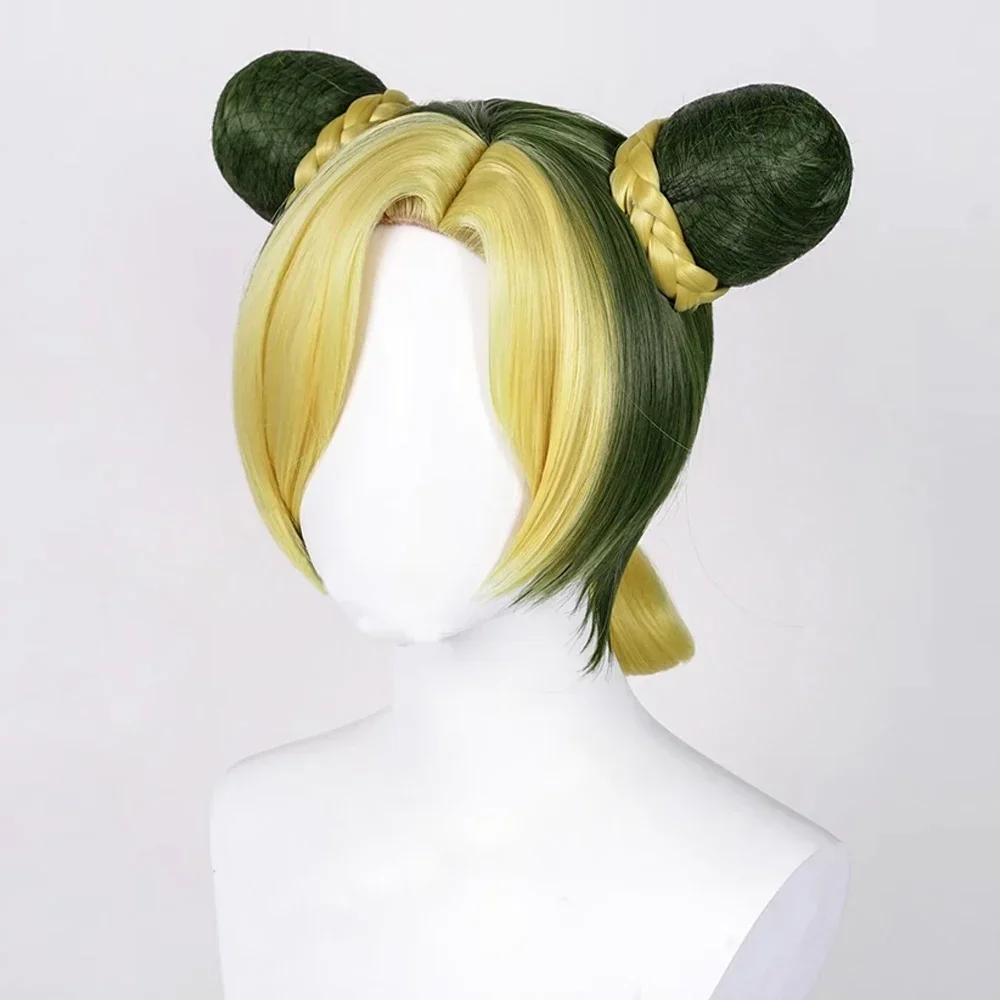 RANYU-peluca sintética para mujer, pelo corto liso ombré, amarillo, verde, Anime, trenzas de bollos, resistente al calor, para fiesta