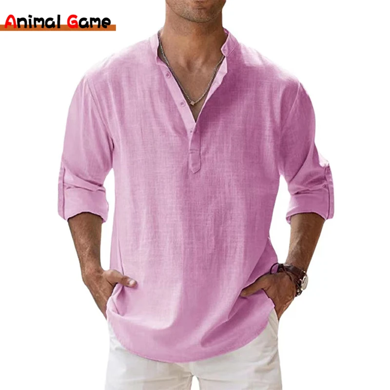 New Mens Linen Henley Collar Cotton Shirts Casual Long Sleeve Shirt Button Down Loose T-Shirt for Men