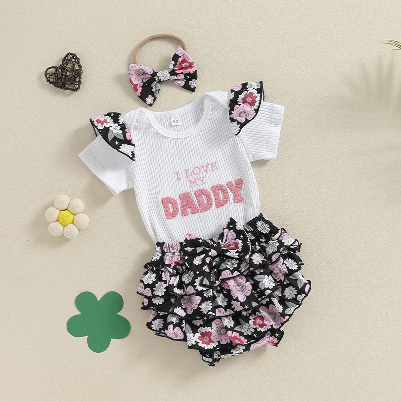 

Newborn Infant Baby Girl Summer Clothes Rib Frill Short Sleeve Romper Floral Print Shorts Headband 3Pcs Outfits Set