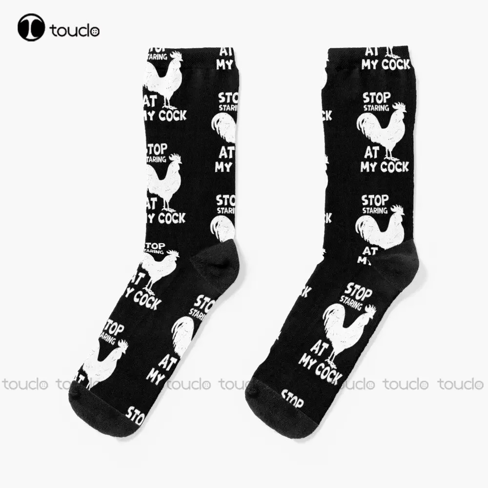 Funny Chicken Rooster Stop Staring At My Cock Socks Mens Funny Socks Personalized Custom Unisex Adult Teen Youth Socks Funny Art