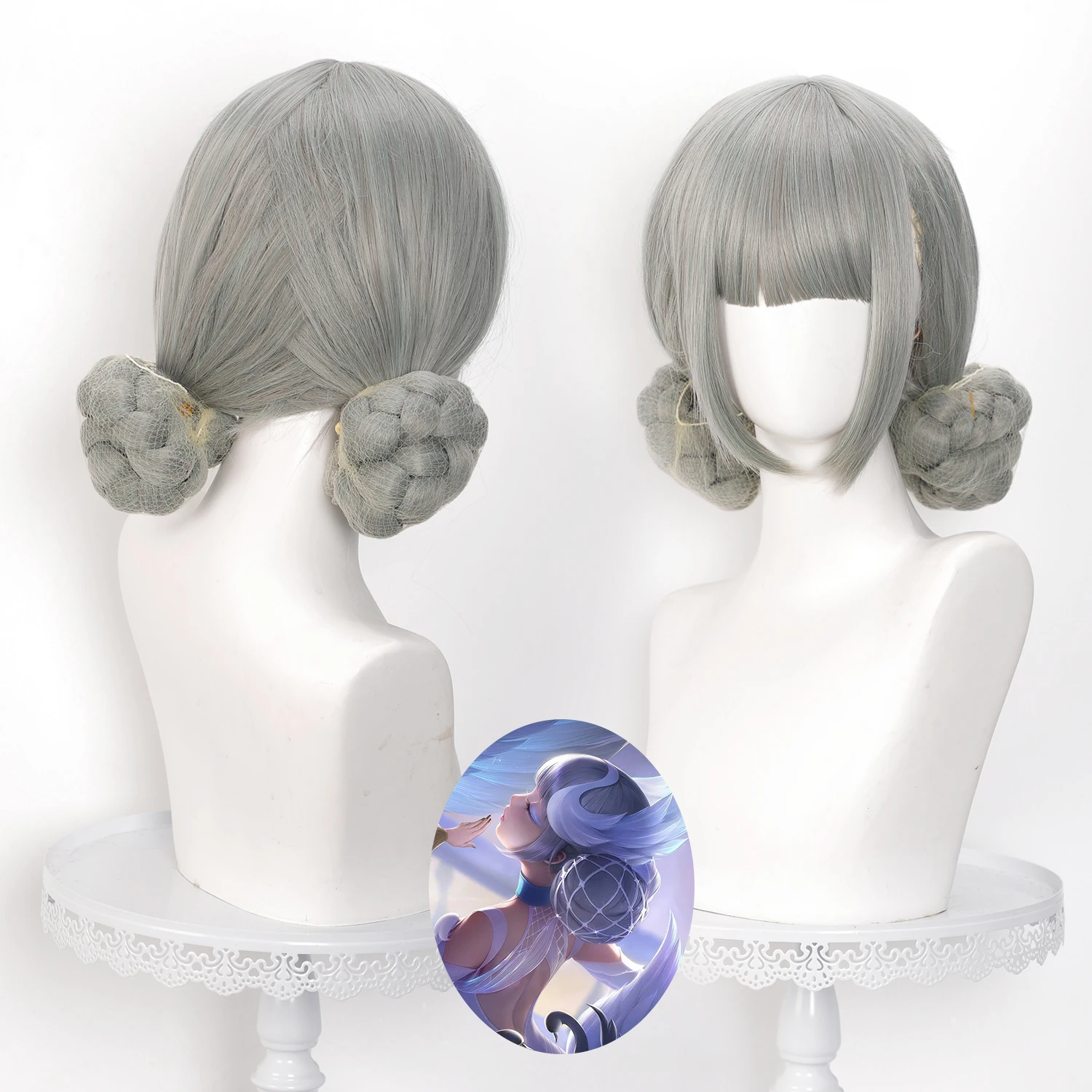 Xiao Qiao Cos Wig Grey Green Bun Synthetic Wig With Double Chignons Realistic Scalp Anime Comic‑Con Halloween Party