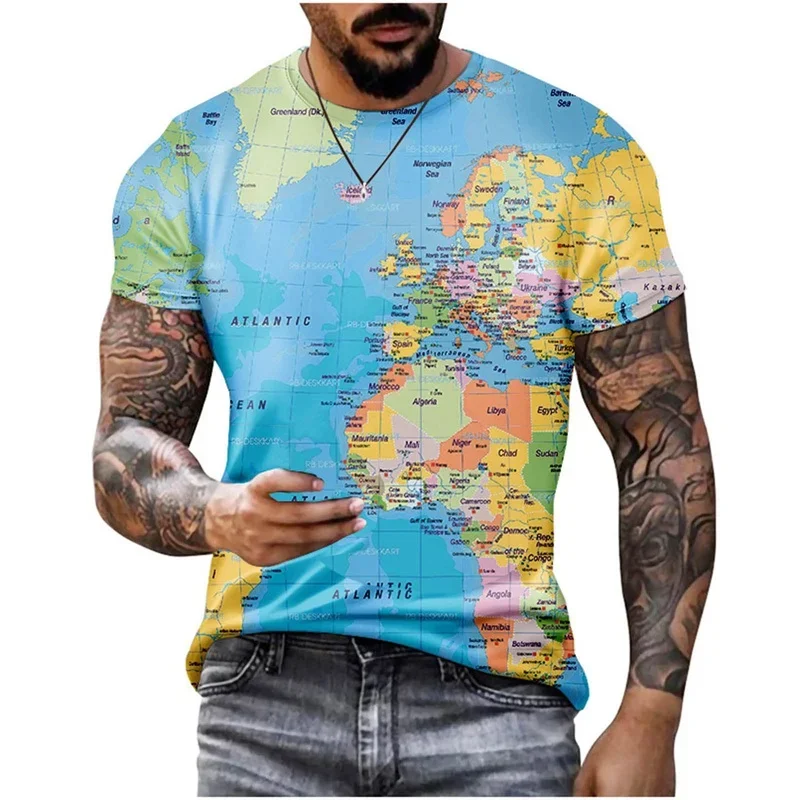 3D Printed World Map Graphic T-shirt Men's Summer Casual Short-sleeved Slim-fit Top T-shirt Oversized Loose T-shirt Street Wear