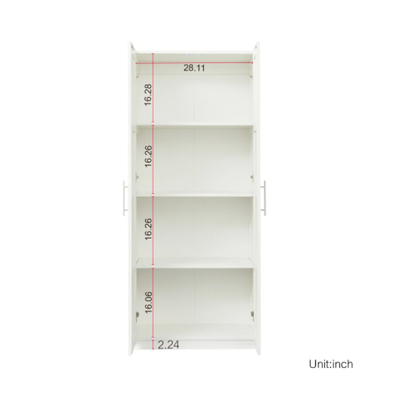 High wardrobe and kitchen cabinet with 2 doors and 3 partitions to separate 4 storage spaces,white