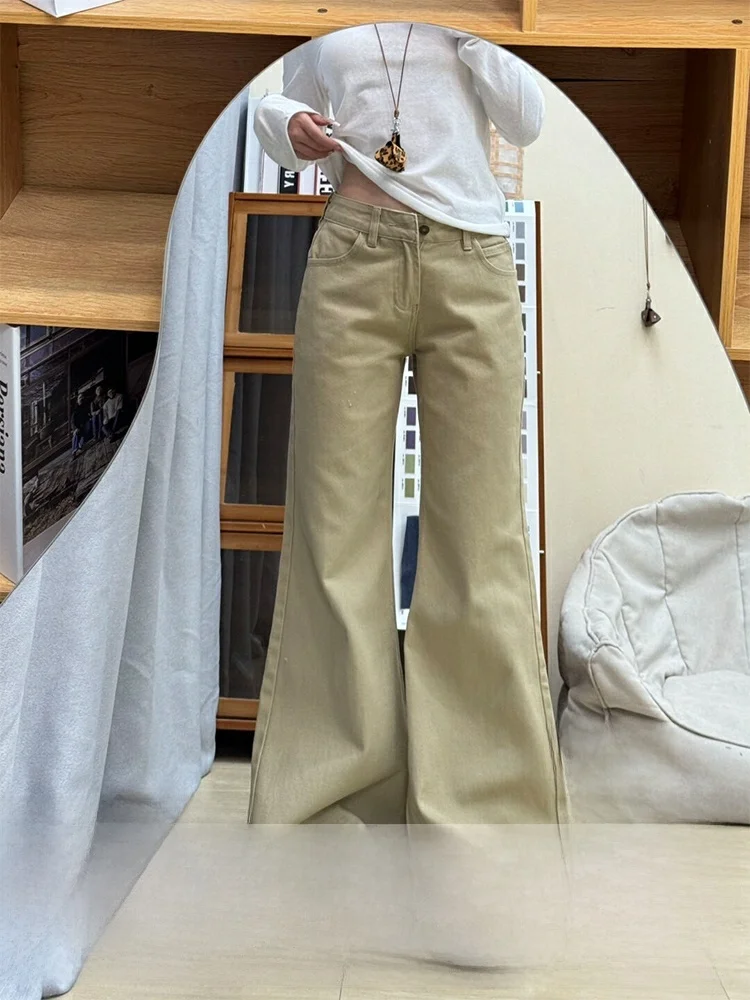 

Джинсы женские с высокой талией, широкими штанинами, цвета хаки, осенне-зимние, винтажные, свободного кроя, в стиле High Street Fashion