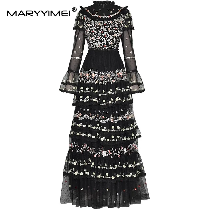 MARYYIMEI Vintage Women's Ball Gown Dress Autumn Stand Collar Flare Sleeved Mesh Sequin Embroidery Design S-XXXXL Long Dresses