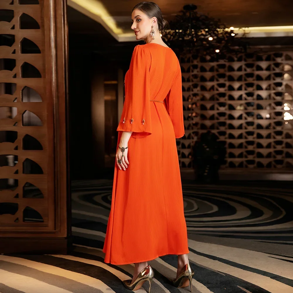 Robe en tricot diamant cousue à la main, robe de soirée de dubaï pour femmes, manches longues, caftan solide, Abayas musulmanes, robe de soirée marocaine