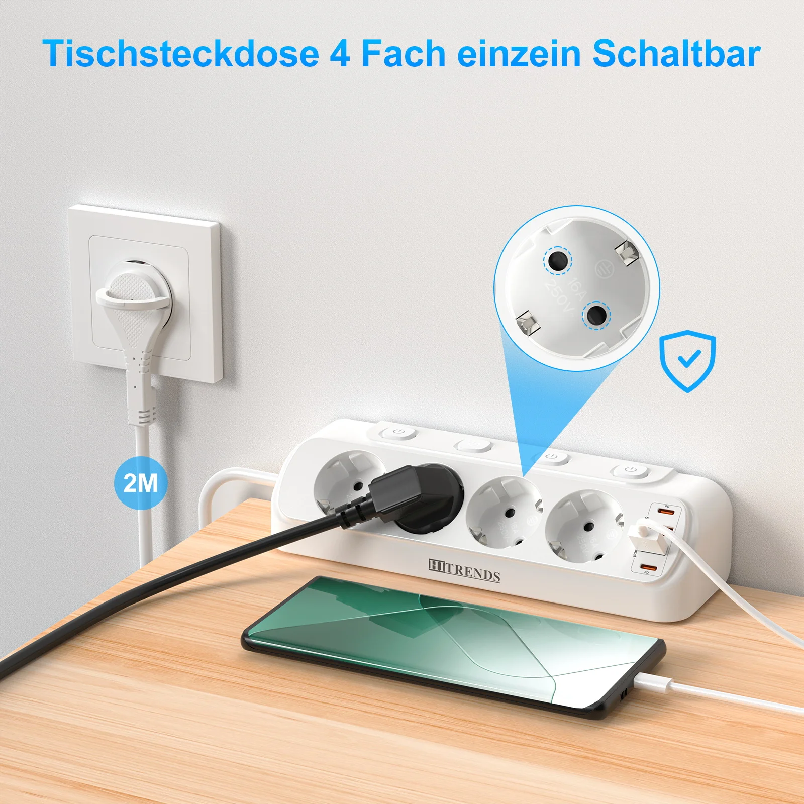 Eu Plug Multi-function power board 2 USB-A and 2USB-C Fast charging power adapters 2 m extension cord Independent switch White