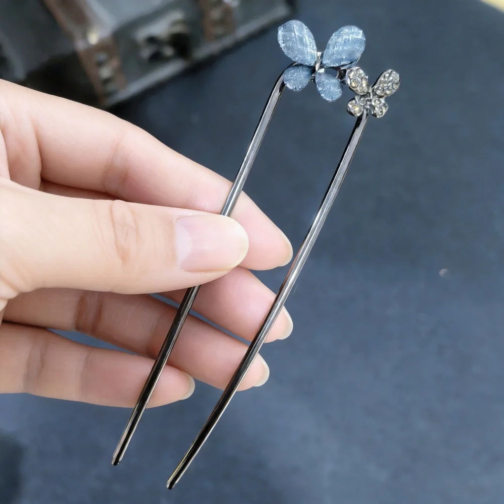 Vintage Floral Butterfly Hair Stick For Women Girls Metal U-shaped Hairpin Blue Crystal Hair Forks Updo Bun Hair Accessoriesge view 3