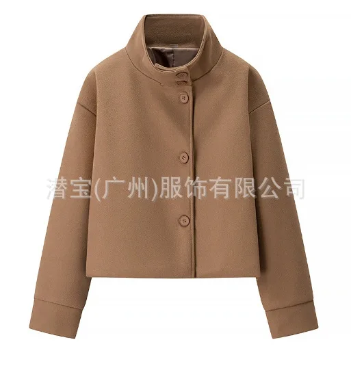 Nuevo Abrigo corto para mujer, cárdigan de manga larga con cuello levantado y botones de lana de imitación, chaqueta sencilla y versátil a la moda para mujer