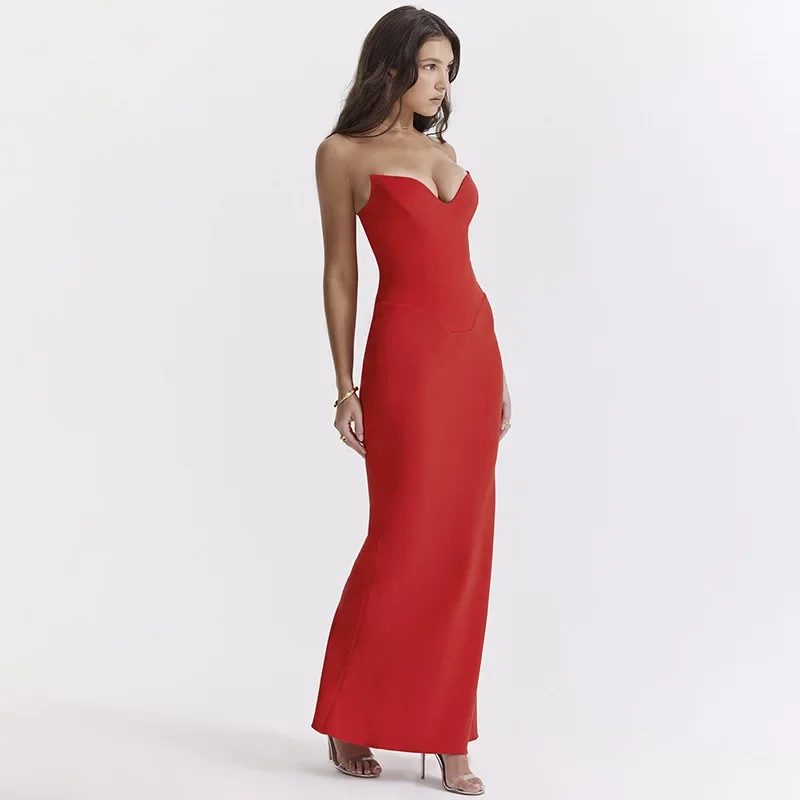 YUZHEXI Solid Color Strapless Maxi Dress Women Off Shoulder Body-shaping Birthday Party Prom Dresses