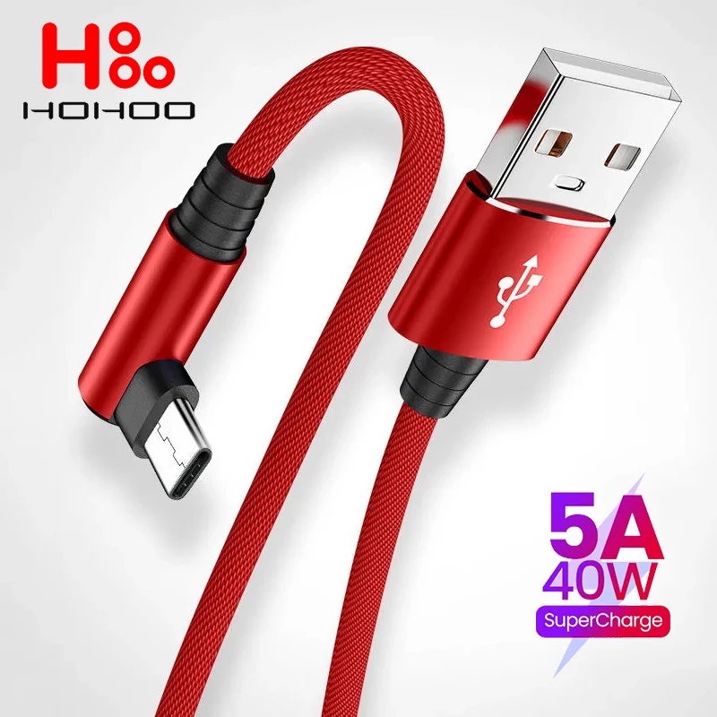 5A USB type C Cable 90 Degree For OPPO 40W Fast Charing Cord For Honor Huawei Oneplus Realme USB Type C Charger Cable Data Cord