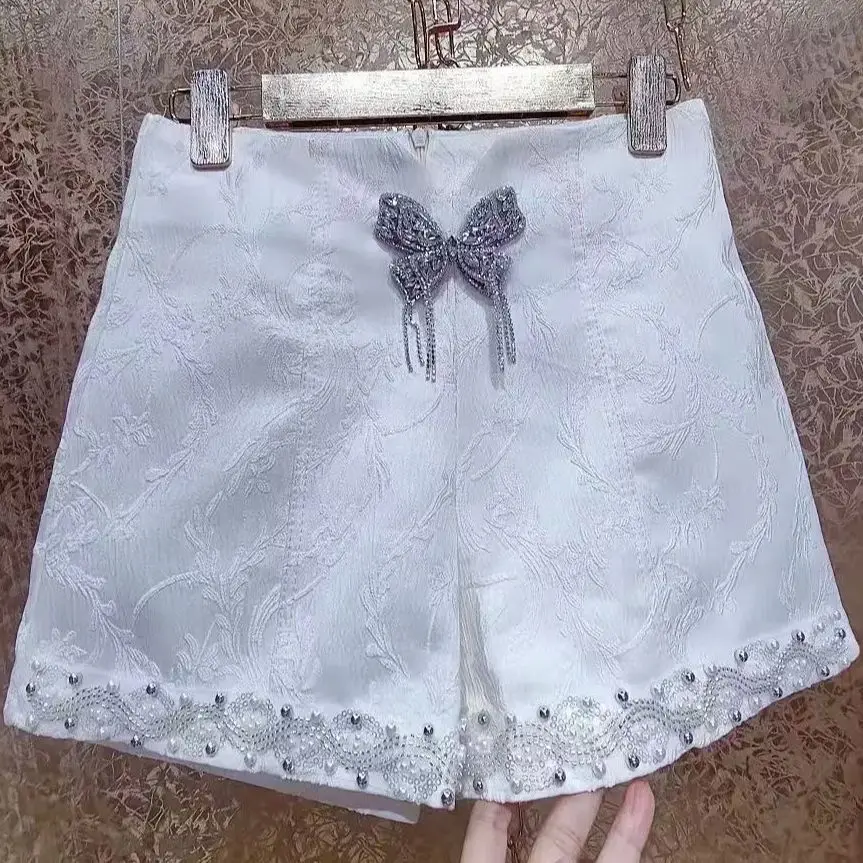 Luxury Style Pearls Beaded Tassel Stitch Pantalones Cortos Wide Leg Shorts Women's Short Pants Short Trousers Woman Clothing