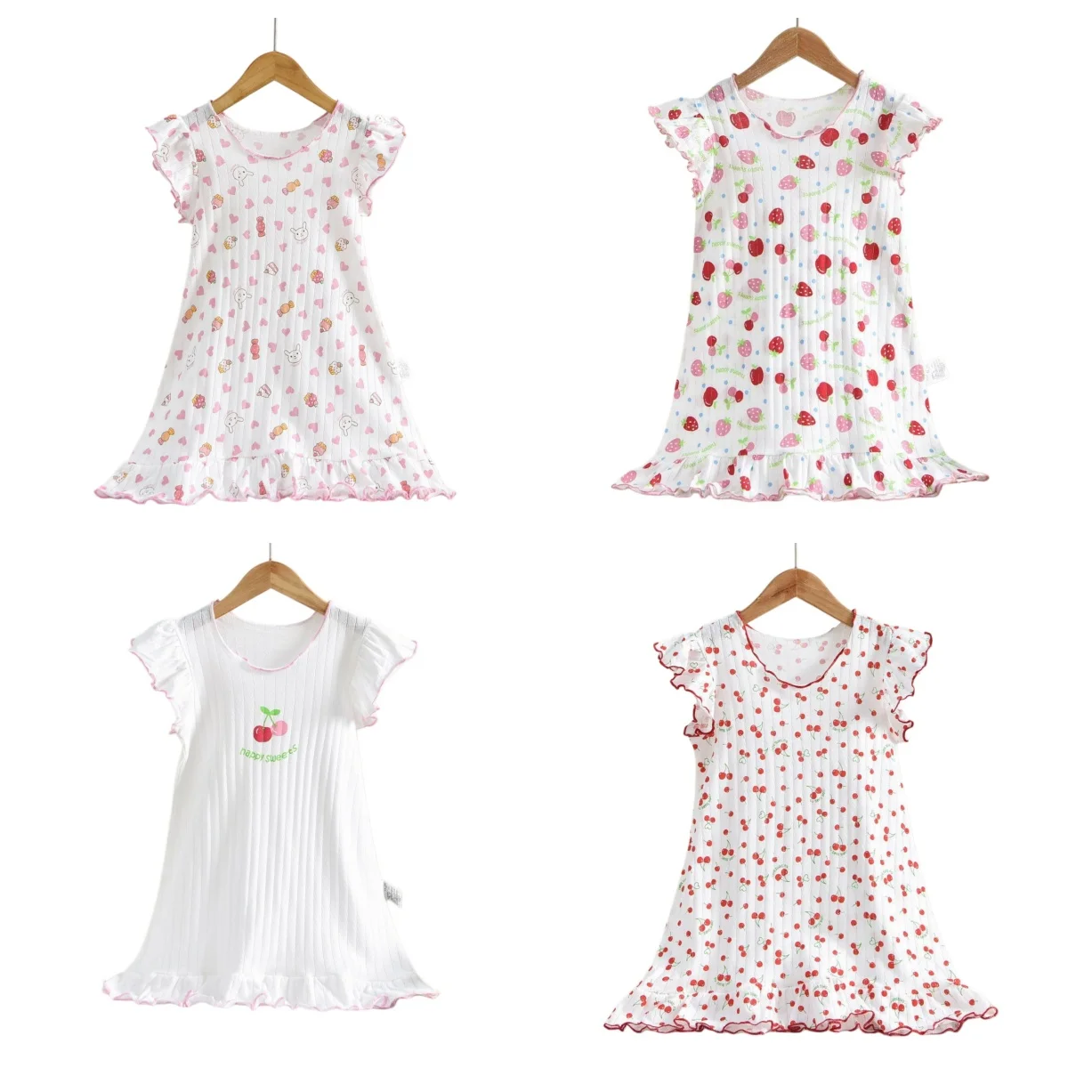 Mädchen Baumwoll-Nachthemd mit Kirsch- und Erdbeerdruck, Bequeme Kinder-Pyjamas, Nachthemden in Größen 110-150 für Mädchen