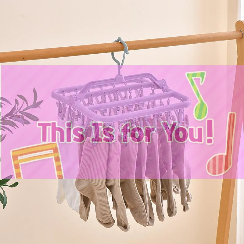 【HMA】Foldable Plastic Laundry Drying Rack With 32 Clips 360 Rotating Hook For Drying Socks Underwear Small Clothes At Home Dorm