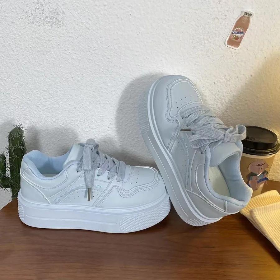 Niedliche Katzenpfoten-Absatz-Print-Plateau-Skate-Sneaker für Damen, blaue Kunstleder-Schnürschuhe, lässige, einfarbige Board-Schuhe für Teenager. – Detail 5
