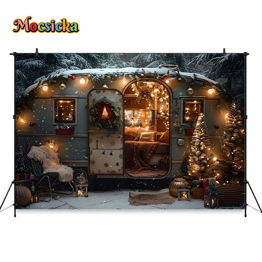 Christmas Background for Studio Photography Winter Snowy Camping Bus Xmas Tree Backdrop Kids Family Photo Street Lights Decor