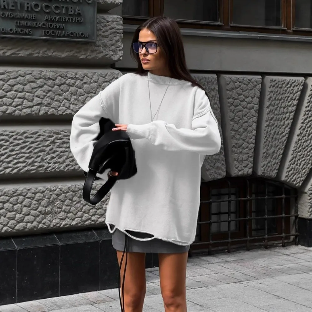 

Белые рождественские вязаные свитера, женские элегантные свитера с длинными рукавами, пуловеры, зимние повседневные однотонные свободные джемперы с круглым вырезом 2025