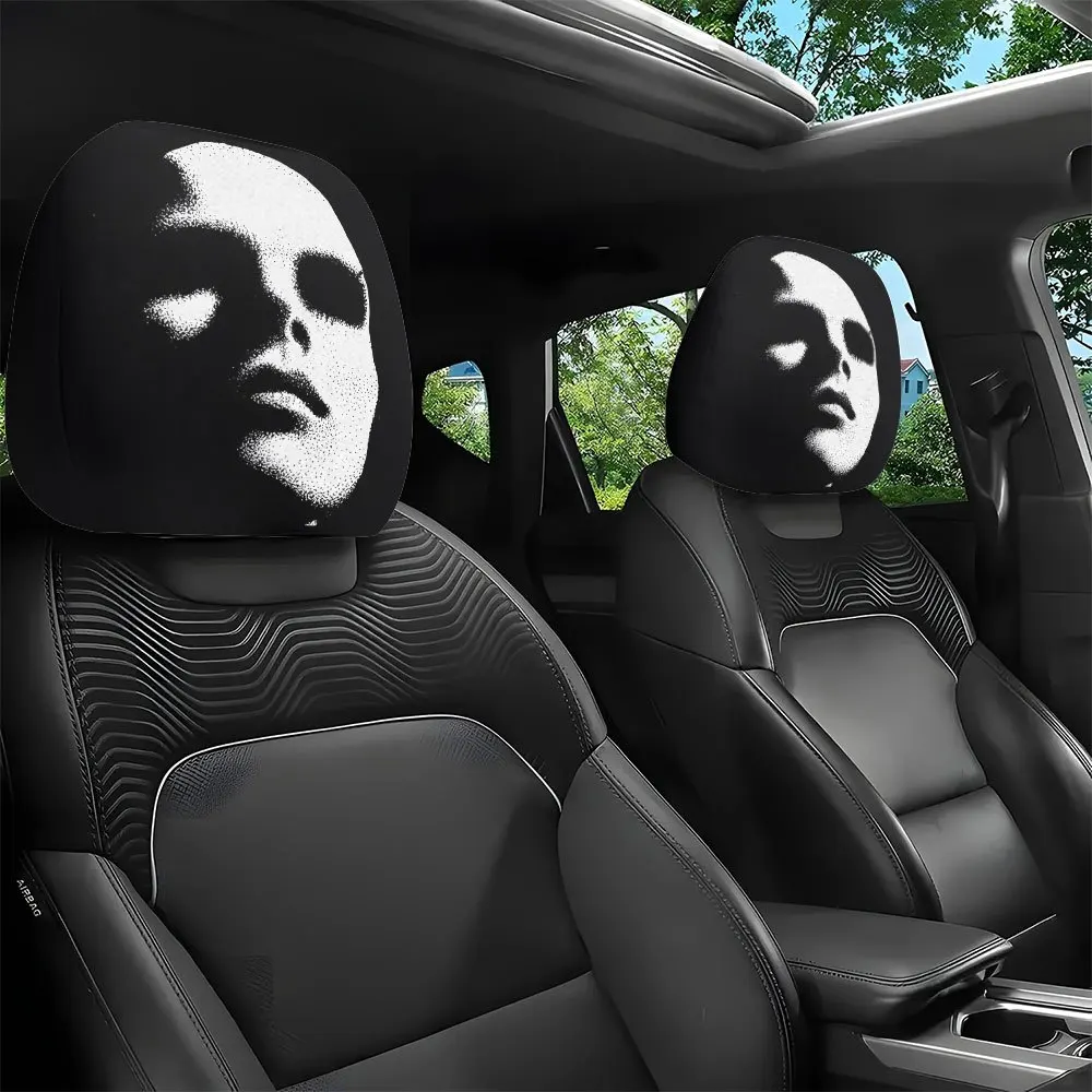 2pcs Set of Abstract Pointillism-style Face Car Headrest Covers, Universal Car Interior Decoration, Perfectly Fits Seats