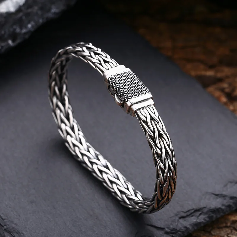 BOCAI S925 Sterling Silver Bracelets for Women Men New Fashion Zircon 8mm Weaven Horsewhip-chain Punk Jewelry