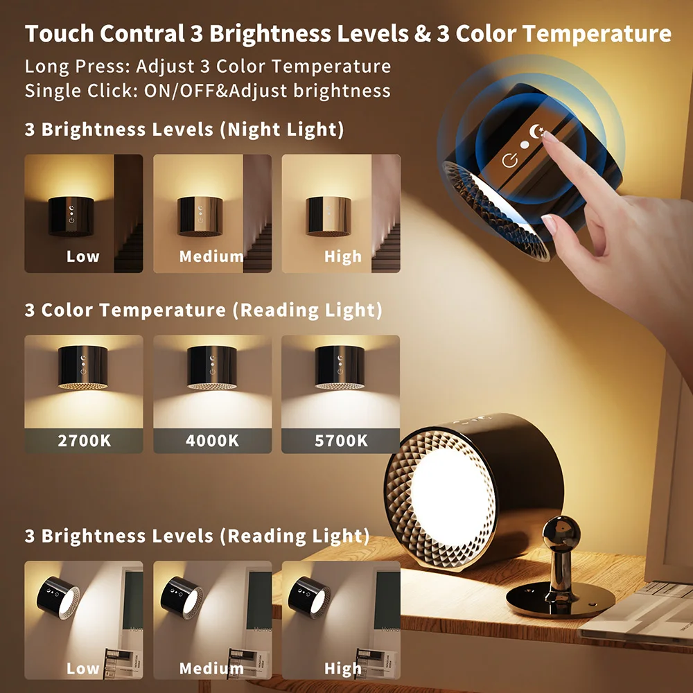 USB Rechargeable LED Wall Light Touch Control 360 Rotate Cordless Wall Mounted Sconce Lights For Bedroom Reading Lamp