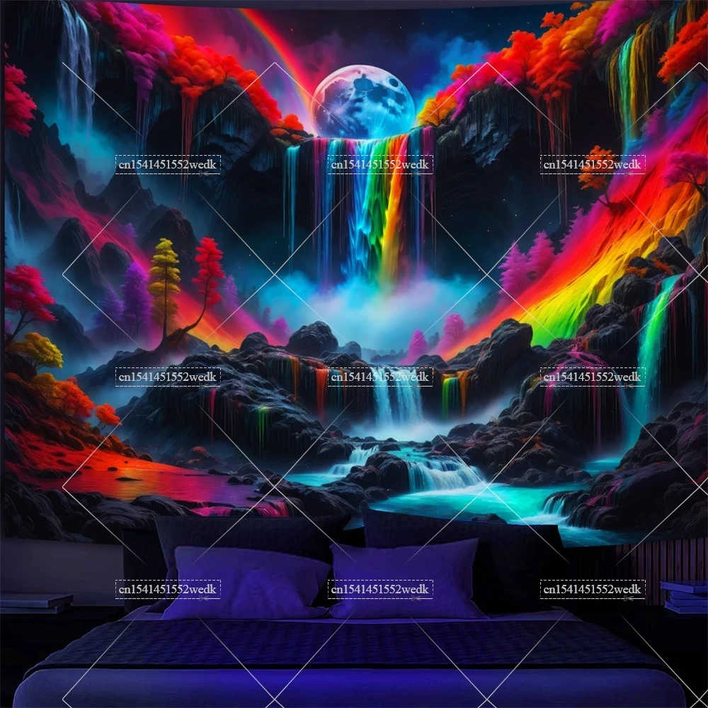 Blacklight Waterfall Moon Tapestry Black Light Neon UV Reactive Tapestry Landscape Wave Wall Hanging Home Decor Aesthetic Poster