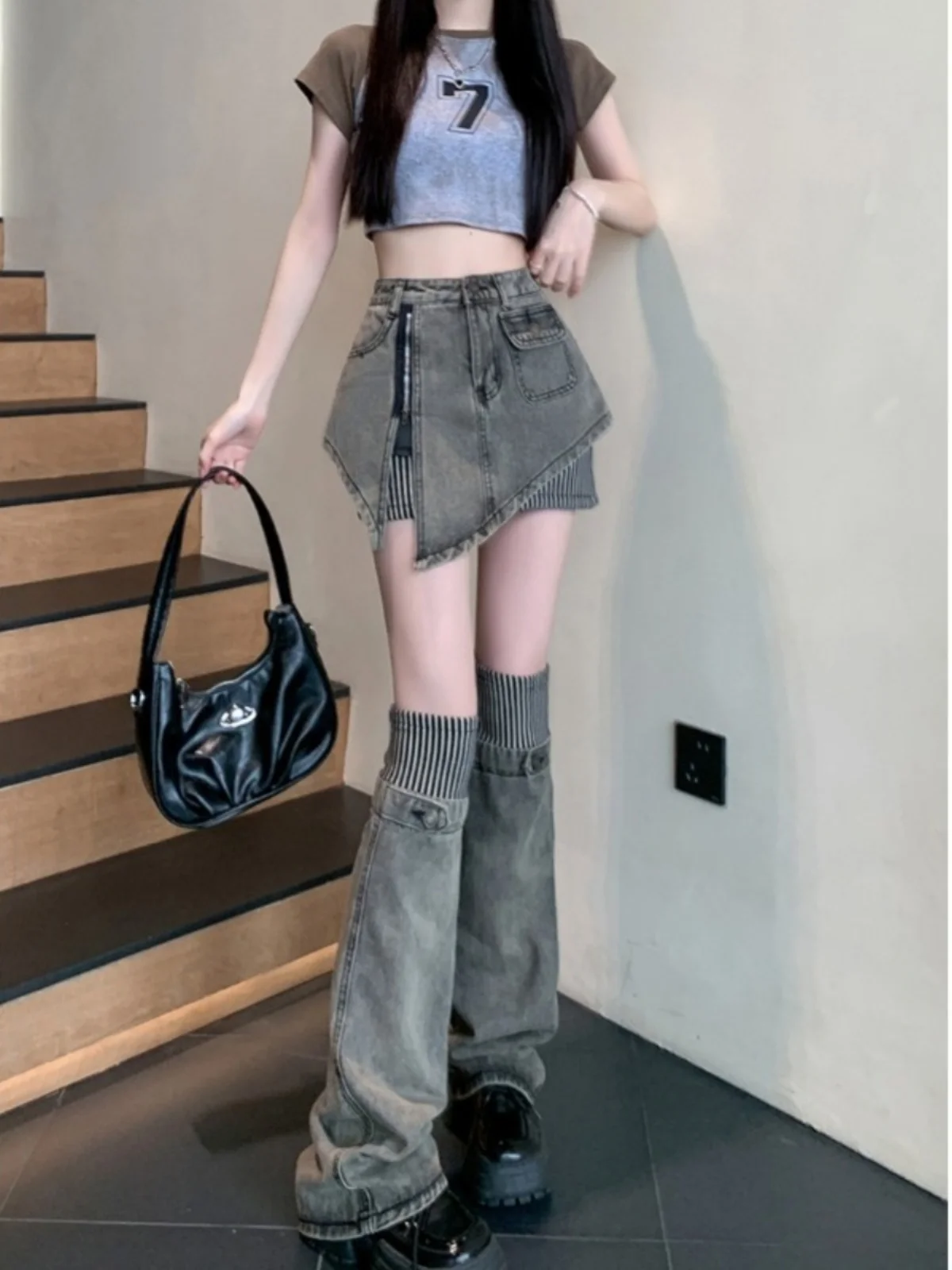 Y2K Aalyptic Sle f Rock Jeans A-Linie Sommer Hot Girl Streifen Spleißen Leggings Zweiteiliges Set Damen Hohe Taille Ort...