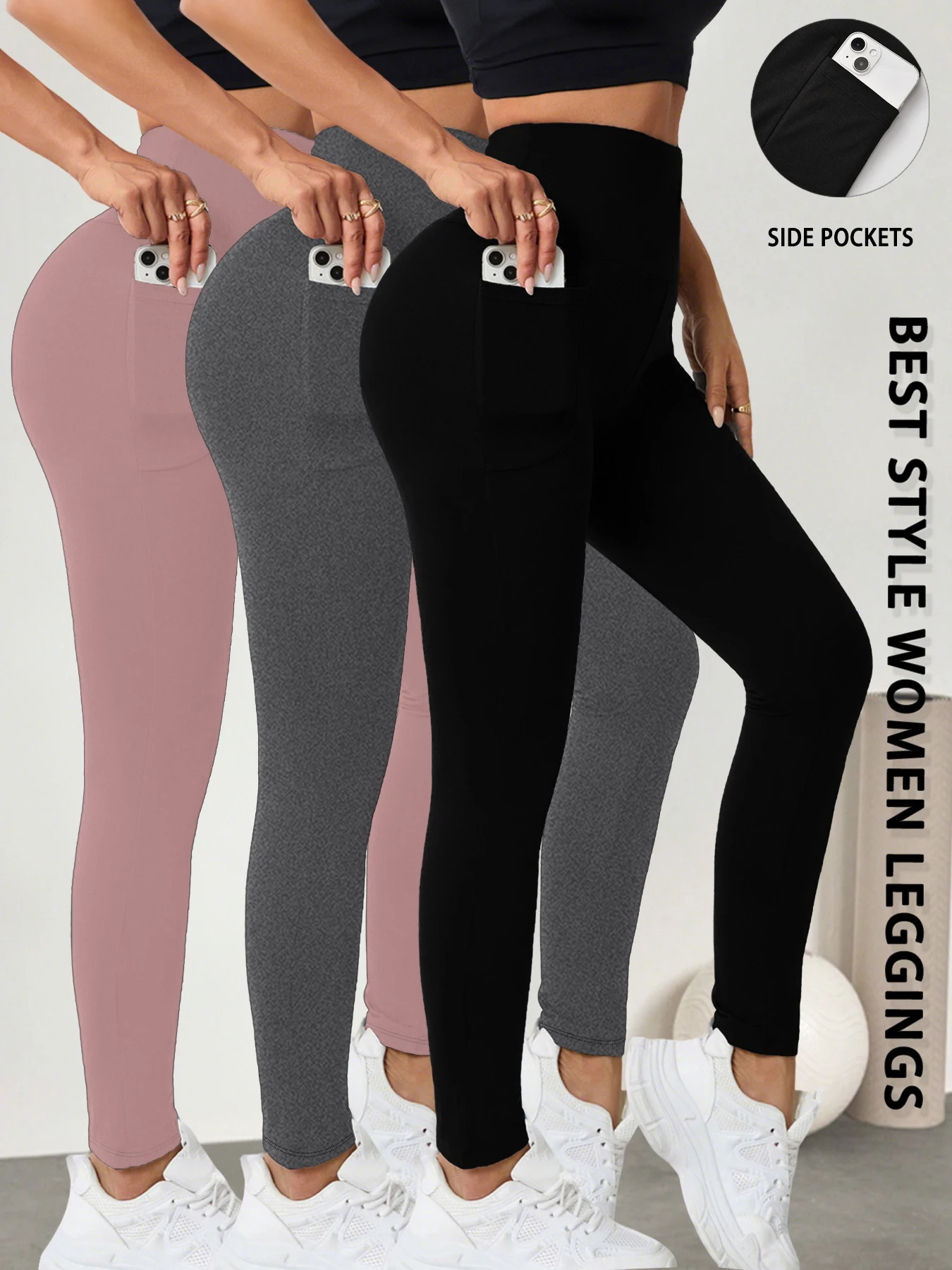 

Комплект из 3 супермягких леггинсов с карманами для женщин, леггинсы с высокой талией для тренировок, йоги и бега, с эффектом коррекции живота