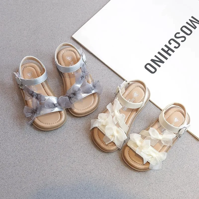 Summer Pretty Girl Princess Sandals 2025 New Elegant Bowknot Kids Casual Sandals Sweet Lace Children's Wedding Party Flat Shoes
