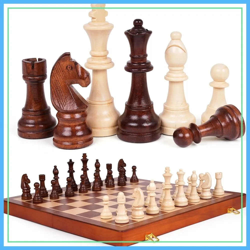 

20 Inch Super Large Wooden Chess Set, Hand-Carved Pieces with 4.5" King, Built-in Storage & 2 Extra Queens, Folding Tournament Board
