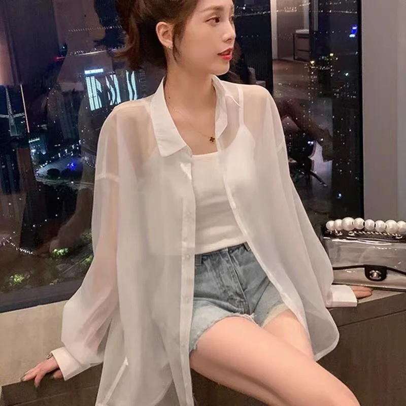 

Женский летний кардиган 2025 года, новинка, свободный крой, защита от солнца, шифоновый, тонкий, с длинными рукавами, верхняя одежда в корейском стиле, с воротником