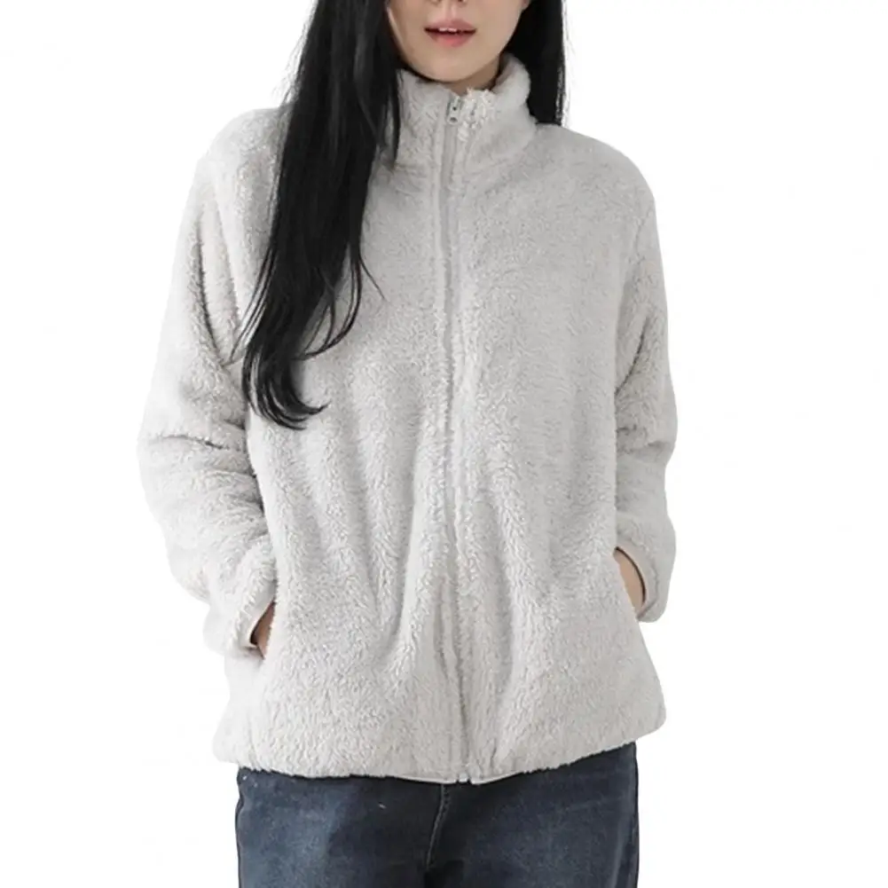 Women Zipper Closure Jacket Stylish Women\'s Winter Coat With Plush Stand Collar Long Sleeves Pockets For Outdoor Commuting Keep