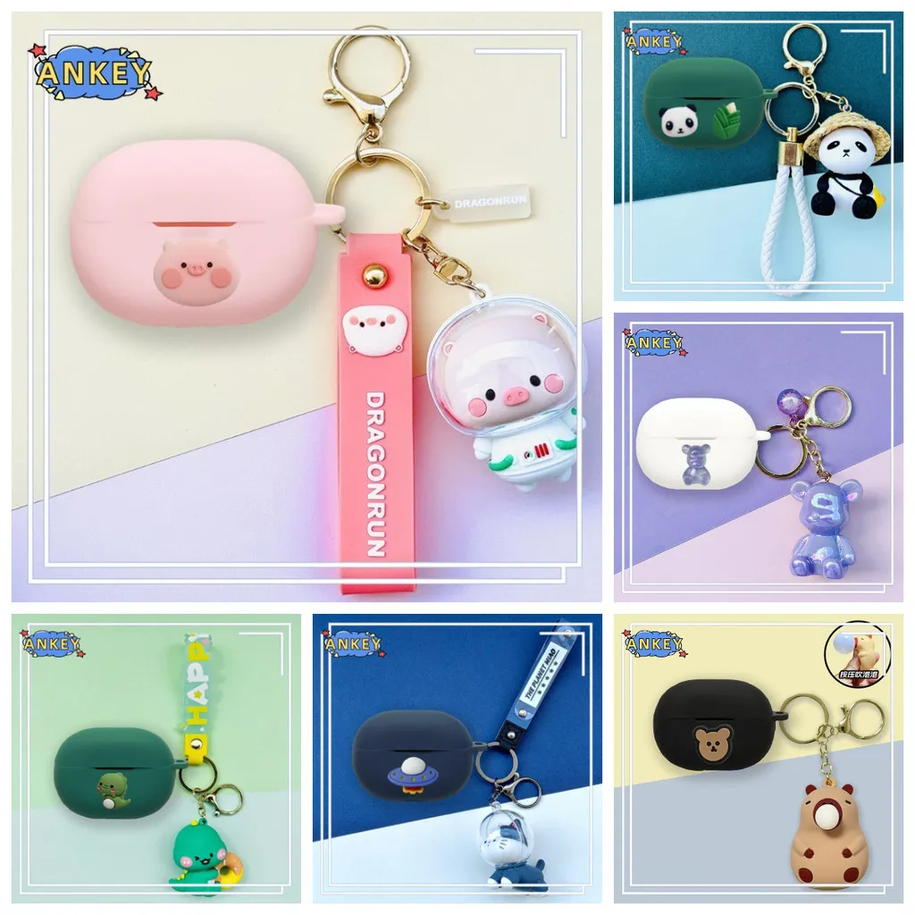 Compatible with Honor EarBuds X10 Lite Bluetooth Earphones Silicone Protective Case with Cute Pig and Panda Keychain Pendant